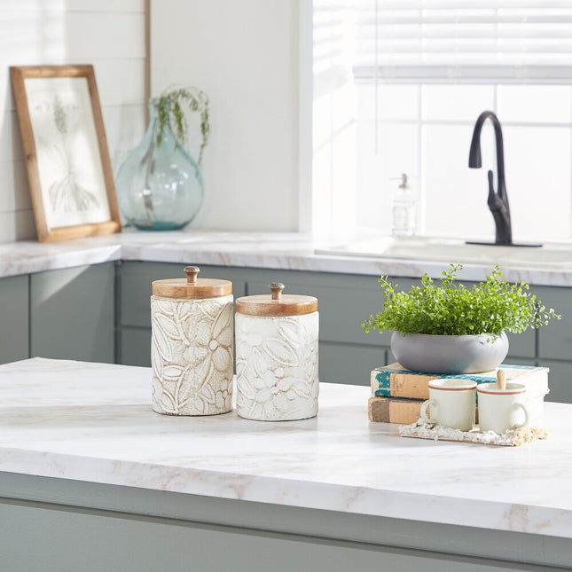 White Ceramic Decorative Jars (Set of 2) – Handmade with Wood Lids