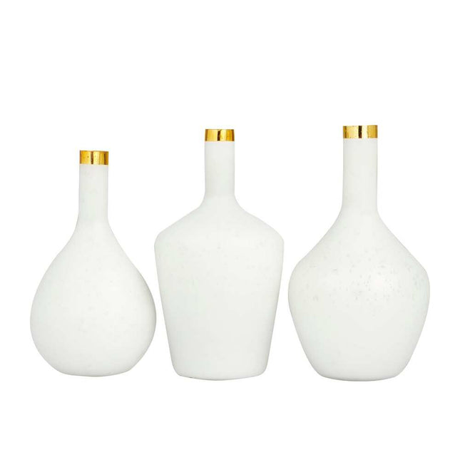 Set of 3 White Glass Vases with Gold Rims 13 and 14 Inch Decorative Home Decor