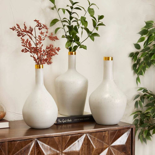 Set of 3 White Glass Vases with Gold Rims 13 and 14 Inch Decorative Home Decor