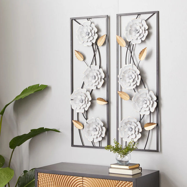 White Metal Dimensional Floating Floral Wall Decor Set of 2 Black Gold Accents