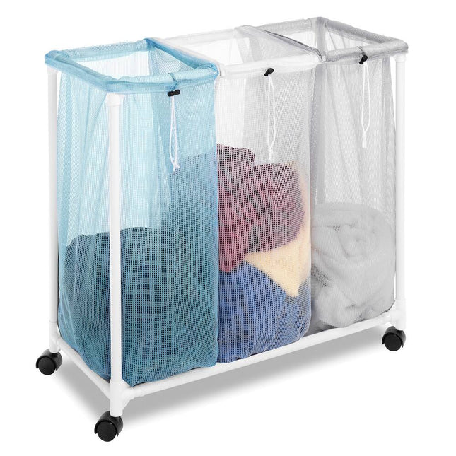 3 Compartment Laundry Sorter Basket Plastic Mesh Storage Organizer
