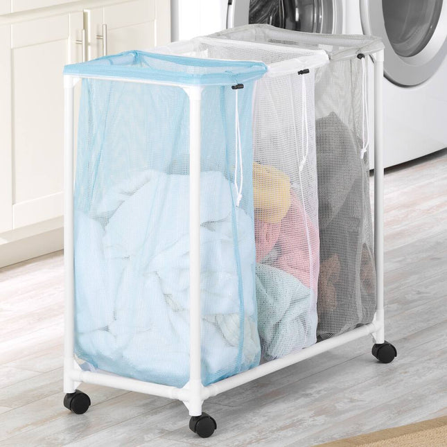 3 Compartment Laundry Sorter Basket Plastic Mesh Storage Organizer