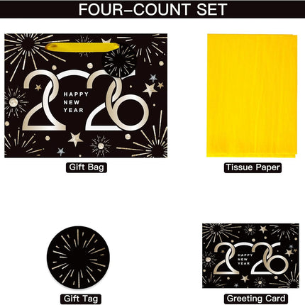 2026 New Year Gift Bag Black Gold Fireworks Medium with Tissue & Card