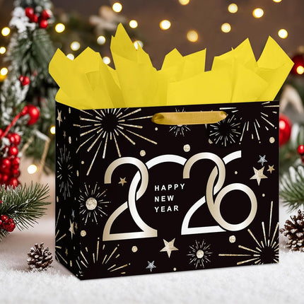 2026 New Year Gift Bag Black Gold Fireworks Medium with Tissue & Card