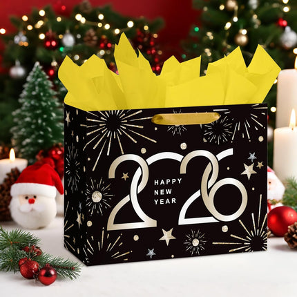 2026 New Year Gift Bag Black Gold Fireworks Medium with Tissue & Card